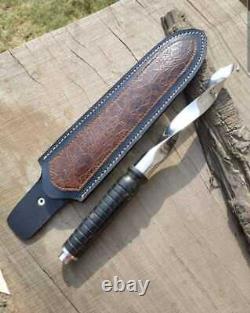 Damascus Steel Fixed Blade Knife Hand Forged Tri Dagger With Leather Sheath