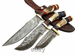 Damascus Steel Handmade Set Hunting Dagger Bowie Knife Stag Handle & Sheath