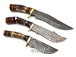 Damascus Steel Handmade Set Of 3 Hunting Dagger Knife Deer Antler Grip & Sheath