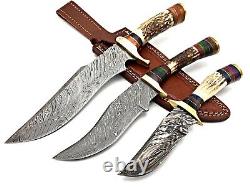 Damascus Steel Handmade Set Of 3 Hunting Dagger Knife Deer Antler Grip & Sheath