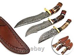 Damascus Steel Handmade Set Of 3 Hunting Dagger Knife Deer Antler Grip & Sheath