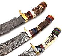 Damascus Steel Handmade Set Of 3 Hunting Dagger Knife Deer Antler Grip Sheath