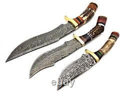 Damascus Steel Handmade Set Of 3 Hunting Dagger Knife Deer Antler Grip & Sheath