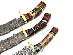 Damascus Steel Handmade Set Of 3 Hunting Dagger Knife Deer Antler Grip & Sheath