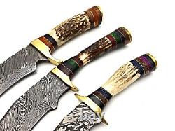 Damascus Steel Handmade Set Of 3 Hunting Dagger Knife Deer Antler Grip & Sheath