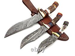 Damascus Steel Handmade Set Of 3 Hunting Dagger Knife Deer Antler Grip Sheath