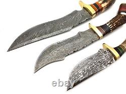 Damascus Steel Handmade Set Of 3 Hunting Dagger Knife Deer Antler Grip & Sheath