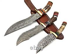 Damascus Steel Handmade Set Of 3 Hunting Dagger Knife Deer Antler Grip & Sheath