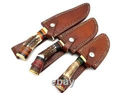 Damascus Steel Handmade Set Of 3 Hunting Dagger Knife Deer Antler Grip & Sheath