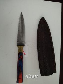 EDC Damascus Steel Dagger Boot Knife With Leather Sheath