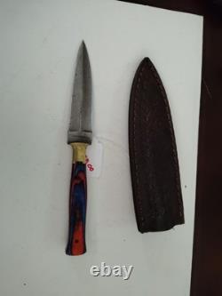 EDC Damascus Steel Dagger Boot Knife With Leather Sheath