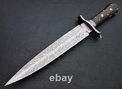 Feather Pattren Custom Handmade Damascus Steel Hunting Dagger Knife 14.5