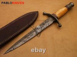 HAND FORGED DAMASCUS STEEL HUNTING DAGGER HUNTING KNIFE / Leather Sheath