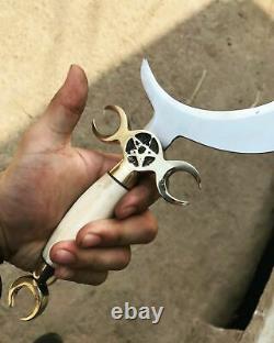 HANDMADE CRESCENT MOON DAGGER RITUAL ATHAME BOLINE CURVED KNIFE Bone HANDLE