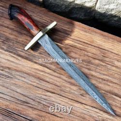Hand Forged Damascus Steel Battle Ready Hunting Crown Stag Fixed Dagger Knife