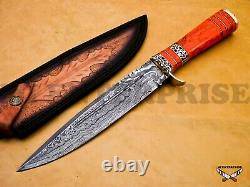 Hand Forged Damascus Steel Dagger Hunting Knife Red Coral Gemstone Stone Handle