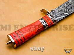 Hand Forged Damascus Steel Dagger Hunting Knife Red Coral Gemstone Stone Handle