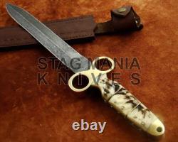 Hand Forged Damascus Steel Full Tang Hunting Antique Dagger Knife Ram Horn Handl
