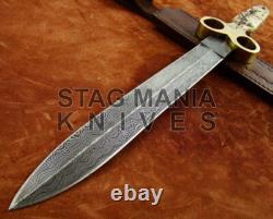 Hand Forged Damascus Steel Full Tang Hunting Antique Dagger Knife Ram Horn Handl