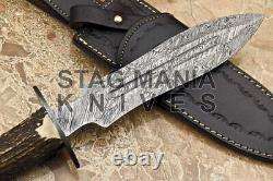Hand Forged Damascus Steel Hunting Battle Ready Dagger Knife Stag Antler Handle