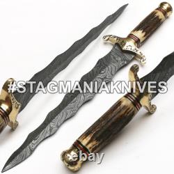 Hand Forged Damascus Steel Hunting Kris Dagger Knife Stag Anlter Handle