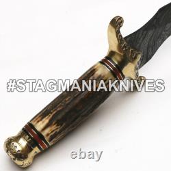 Hand Forged Damascus Steel Hunting Kris Dagger Knife Stag Anlter Handle