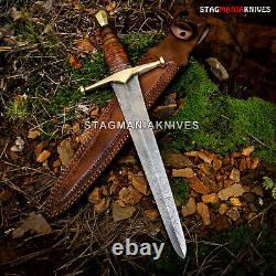 Hand Forged Damascus Steel Hunting Medieval Combat Dagger Knife Stacked Leather