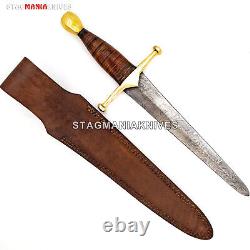 Hand Forged Damascus Steel Hunting Medieval Combat Dagger Knife Stacked Leather