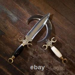 Handmade 2 Pcs Set Crescent Moon Ritual Athame, Boline Dagger Hunting Knifes