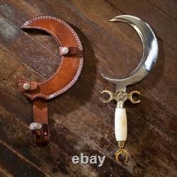 Handmade 2 Pcs Set Crescent Moon Ritual Athame, Boline Dagger Hunting Knifes