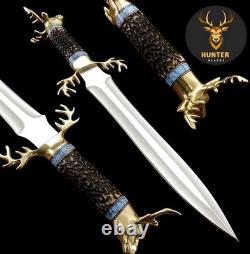 Handmade D2 Steel Fantasy Combat Dagger Knife with 3D Brass Stag and Stag Handle