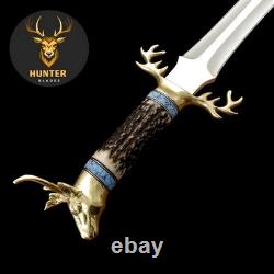 Handmade D2 Steel Fantasy Combat Dagger Knife with 3D Brass Stag and Stag Handle