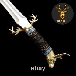 Handmade D2 Steel Fantasy Combat Dagger Knife with 3D Brass Stag and Stag Handle
