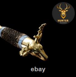 Handmade D2 Steel Fantasy Combat Dagger Knife with 3D Brass Stag and Stag Handle