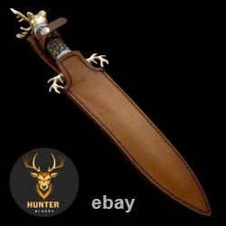 Handmade D2 Steel Fantasy Combat Dagger Knife with 3D Brass Stag and Stag Handle