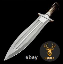 Handmade D2 Tool Steel Double Edge Hunting Dagger Knife with Stag Antler Handle