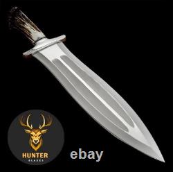 Handmade D2 Tool Steel Double Edge Hunting Dagger Knife with Stag Antler Handle