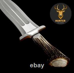 Handmade D2 Tool Steel Double Edge Hunting Dagger Knife with Stag Antler Handle