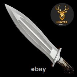 Handmade D2 Tool Steel Double Edge Hunting Dagger Knife with Stag Antler Handle
