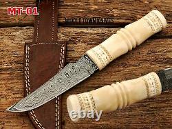 Handmade Damascus Blade Camel Bone Hunting Small Dagger Knife/leather Cover