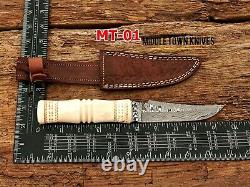 Handmade Damascus Blade Camel Bone Hunting Small Dagger Knife/leather Cover