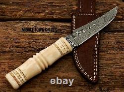 Handmade Damascus Blade Camel Bone Hunting Small Dagger Knife/leather Cover