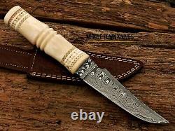 Handmade Damascus Blade Camel Bone Hunting Small Dagger Knife/leather Cover