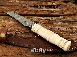 Handmade Damascus Blade Camel Bone Hunting Small Dagger Knife/leather Cover