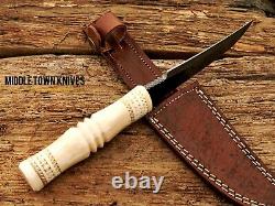 Handmade Damascus Blade Camel Bone Hunting Small Dagger Knife/leather Cover