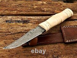 Handmade Damascus Blade Camel Bone Hunting Small Dagger Knife/leather Cover