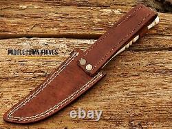 Handmade Damascus Blade Camel Bone Hunting Small Dagger Knife/leather Cover