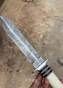 Handmade Damascus Feather Daggar Buffalo & Camel Bone COMBAT KNIFE, DAGGER KNIFE