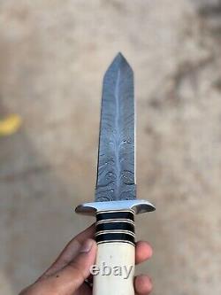 Handmade Damascus Feather Daggar Buffalo & Camel Bone COMBAT KNIFE, DAGGER KNIFE