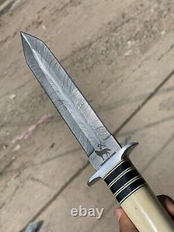 Handmade Damascus Feather Daggar Buffalo & Camel Bone COMBAT KNIFE, DAGGER KNIFE